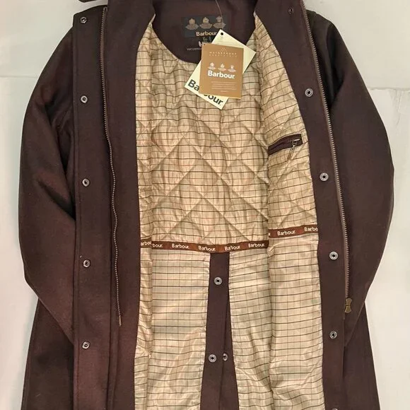 Barbour Newmarket Coat Women's Wool Brown Waterproof Breathable US 12 NWT $500 - Picture 4 of 16